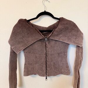 Fashion Nova Off-the-Shoulder Ribbed Zip Sweater